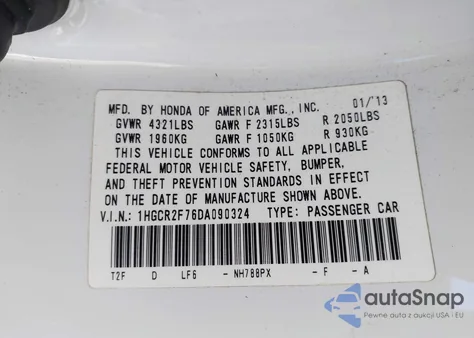 2013 Honda Accord Ex z USA, uszkodzony, nr VIN 1HGCR2F76DA090324